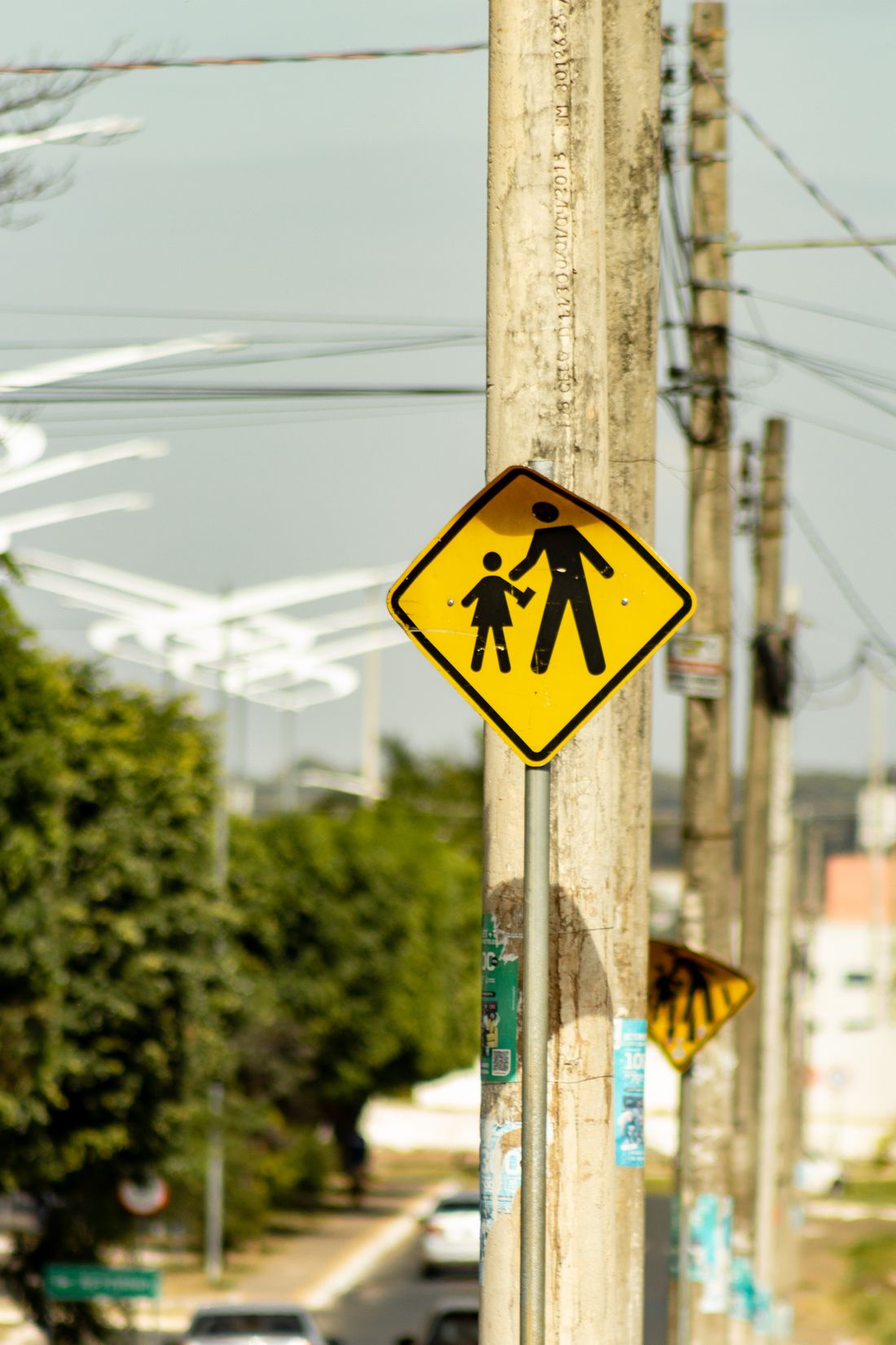 Yellow school crossing warning sign on a roadside post